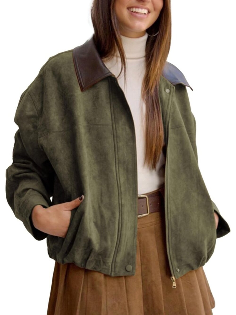 Women's Army Green Faux Suede Oversized Cropped Bomber Jacket Motorcycle Coat